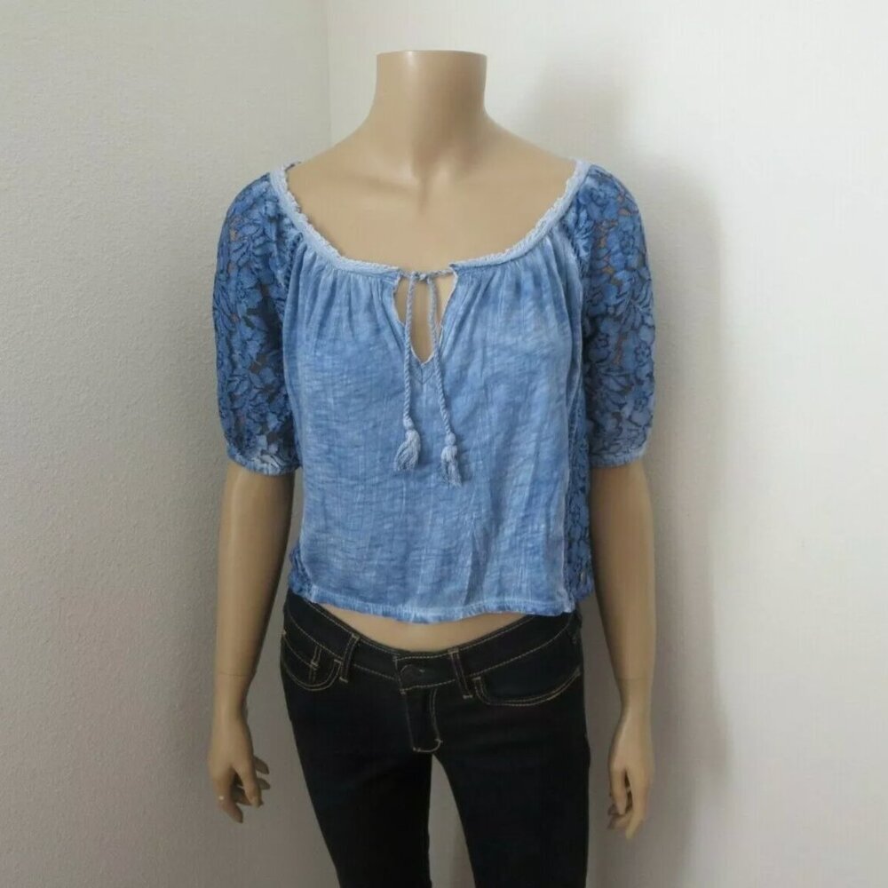 Abercrombie & Fitch Womens Lace Peasant Crop Top Size XS Shirt Blue